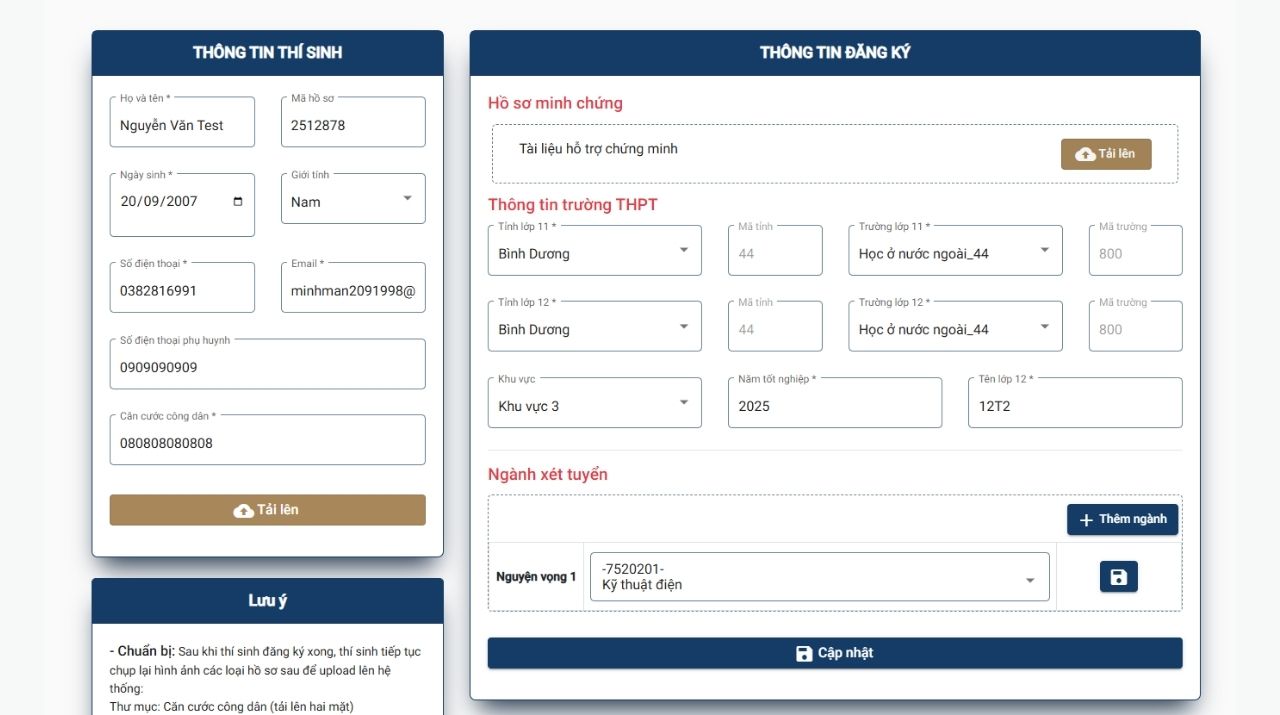 Hướng dẫn cập nhật tài khoản tư vấn tuyển sinh online